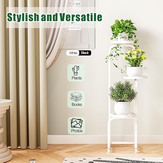 Plant Stand Indoor Outdoor 3 Tier Metal Plant Shelf for Multiple Plants Corner Flower Holders for Living Room Balcony Bedroom Patio Garden, Black (White, 3-Tier)