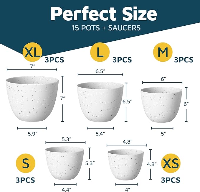 White Gray Plant Pots with Drainage Holes & Saucers 15 Pack, Indoor & Outdoor Stackable Space-Saving Planters for Houseplants & Flowers, (7", 6.7", 6", 5.3", and 4.8" Inches), Durable & Weatherproof