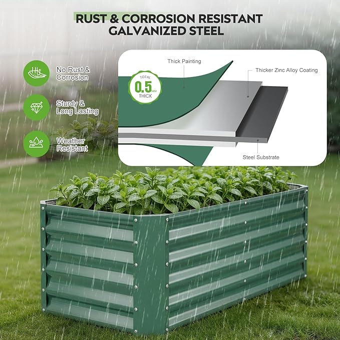 ZORMY 4×2×1.4ft Galvanized Raised Garden Bed Kit, Metal Planter Boxes Outdoor, High Raised Beds for Vegetables, Fruits, and Flowers - LotusGreen