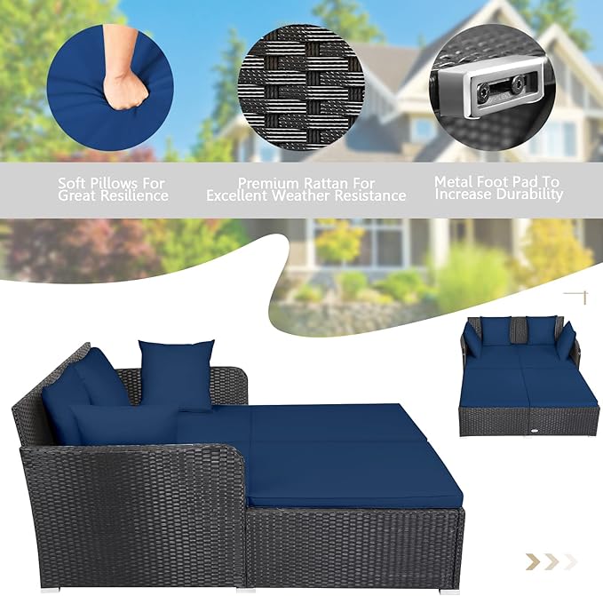 COSTWAY Outdoor Patio Rattan Daybed, Sponge Cushioned Loveseat Sofa with 4 Pillows, Wicker Furniture Sunbed for Balcony, Courtyard (Navy Blue)