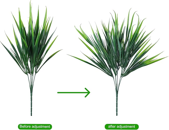 12Pcs Artificial Plants Outdoor Fake Plastic Grass Spring Decoration UV Resistant Faux Greenery Stems Bushes Outside Fake Plants for Planters Patio Porch Window Box Pathway Garden Home Decor, Green