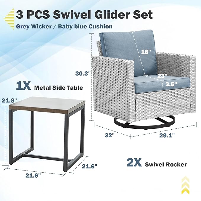 Belord Outdoor Bistro Set 3 Piece Wicker Swivel Rocker Patio Chairs, Oversize Outdoor Rattan Seating Set, Patio Swivel Glider Chairs Wicker Furniture with Metal Side Table for Porch Backyard