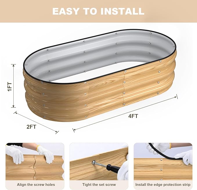 4x2x1FT Galvanized Raised Garden Beds,Raised Garden Bed with Safety Edging and Gloves,Oval Metal Planter Box for Gardening Vegetables Flowers Herb-Natural Oak