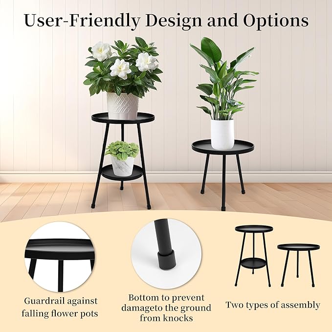 Metal Plant Stand, Plant Stand Indoor Outdoor, Metal Rustproof Flowers, Urban and Rustic Outdoor Plants Stands, Flower Pot Stand Suitable for Living Room, Balcony, Garden (Double Deck,Black)