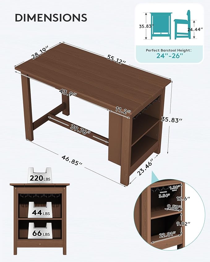 SERWALL Outdoor Bar Table, All Weather HDPE 36" Counter Height Dining Table with Storage and Wine Rack for Patio, Garden, Backyard, Balcony, Poolside, Brown