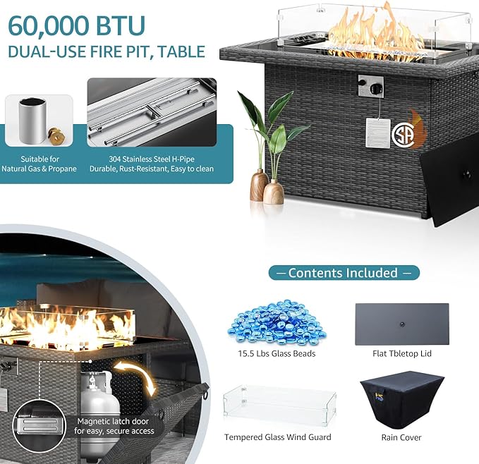 NICESOUL 13 Piece Patio Furniture Set with Fire Pit, Oversized Large Outdoor Sectional with Lounger & Fire Pit, 500 lbs High Weight Capacity Wicker Deck Seating for 10, Gray & Teal