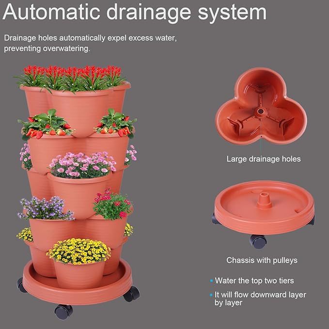 5-Tier Vertical Garden Tower Stackable Planter for Strawberries, Flowers, Vegetables & Herbs 2-Pack