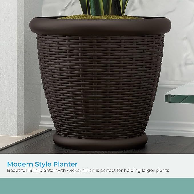 Suncast 18" Resin Indoor/Outdoor Wicker Planter, Brown, Made in the USA