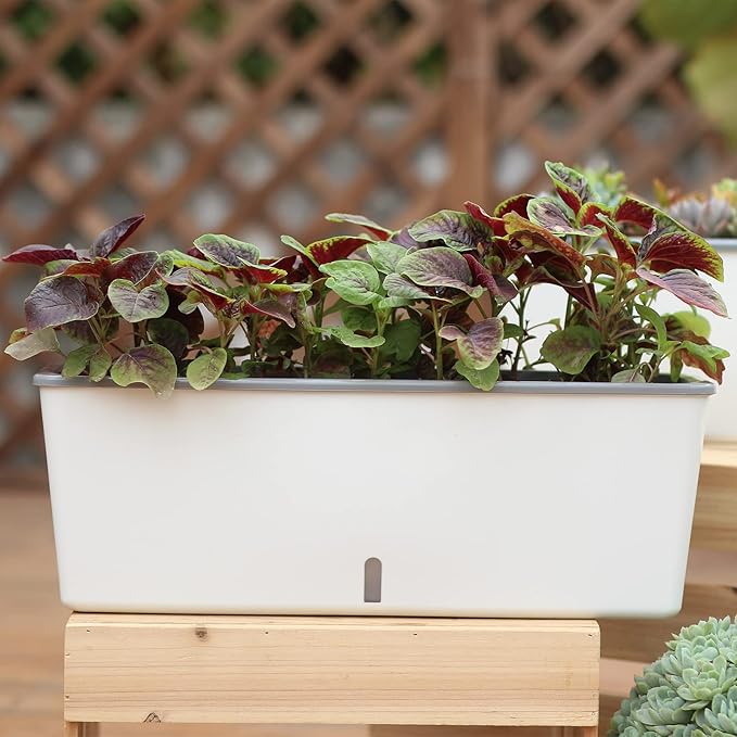 2 Pack Rectangular Planter 17 x 4.5 in Self Watering Planter Window Sill Planters Indoor Rectangle Planter Self Watering Pots Plastic Plant pots with Drainage Holes White Flower Pot Indoor