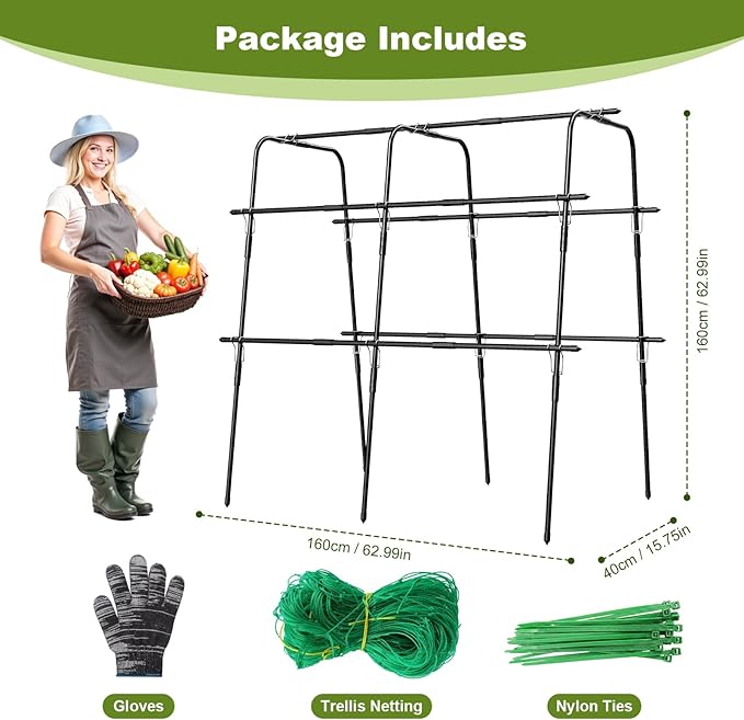 Cucumber Trellis for Raised Bed, 63 Inch A-Frame Garden Trellis for Climbing Plants, Outdoor Vine Trellis with Net, Plant Support for Tomato, Vegetables, Flower (63" L×15.8" W×63" H-Large)