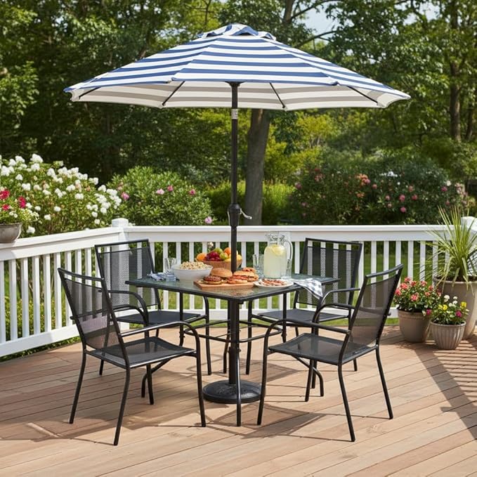 Tangkula 35 Inch Patio Dining Table with Tempered Glass Top, Square 4-Person Outdoor Bistro Table with 1.5" Umbrella Hole & Sturdy Metal Frame, Patio Dining Table for Backyard, Lawn, Deck & Poolside