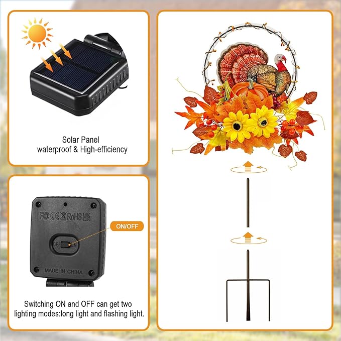 Solar Thanksgiving Turkey Outdoor Decor with Multi-Colorful Lights,Fall Yard Sign Garden Stake for Pathway,Patio or Farmhouse Porch