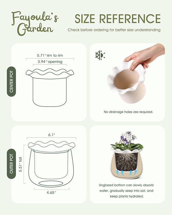 Self Watering Plant Pot, 6 Inch African Violet Pots Maintenance, Ceramic Self-Watering Planter for Indoor Plants - Ideal Flower Pot for Thriving Indoor Gardens, White