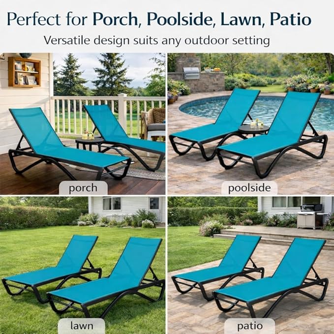 Kozyard Outdoor Chaise Lounge Chair, Full Aluminum Frame, Adjustable Reclining Patio Lounger for Poolside, Sunbathing & Backyard, Textilene (Aqua, 2Chairs)