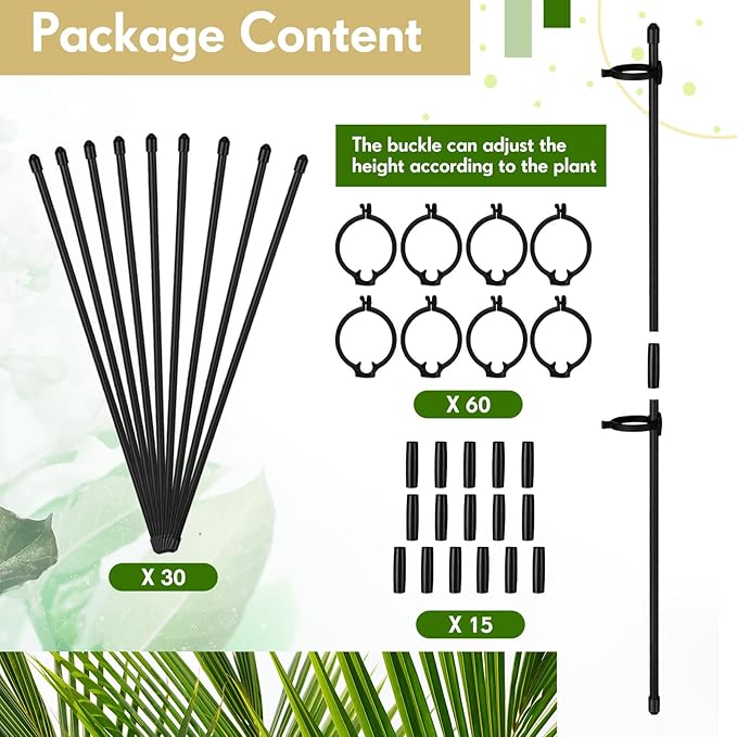 meekoo 30 Pcs Adjustable Garden Plant Support Stakes Single Stem Plant Cage Support Rings with Clips and Connect Pipe for Orchid Rose Tomato, 12 Inch (Black)