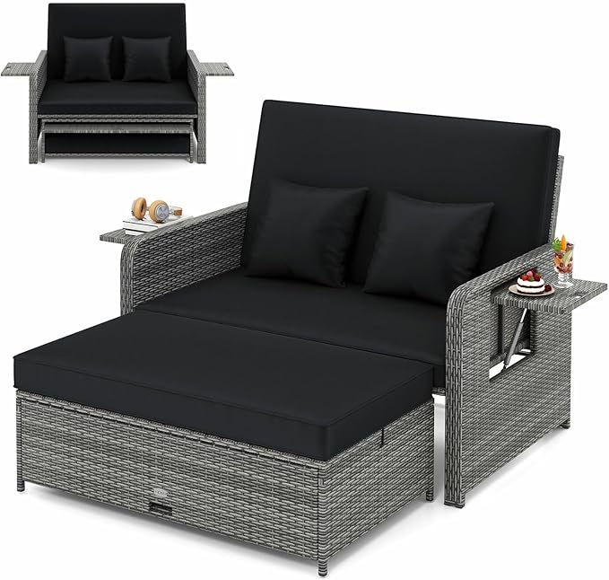 LDAILY Moccha Outdoor Daybed, Wicker Loveseat Sofa Set with 4-Postion Adjustable Backrest, Storage Ottoman, Cushions, Rattan Double Bed Lounger, Patio Furniture Set (Mixed Gray+Black)