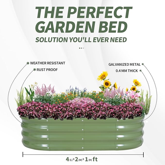 1MORE Galvanized Raised Garden Bed- Planter Garden Boxes Outdoor, Raised Beds for Gardening, 4x2x1ft Metal Garden Bed Kit for Vegetables Flower, Planter Raised Beds with Tools.Green-2pack