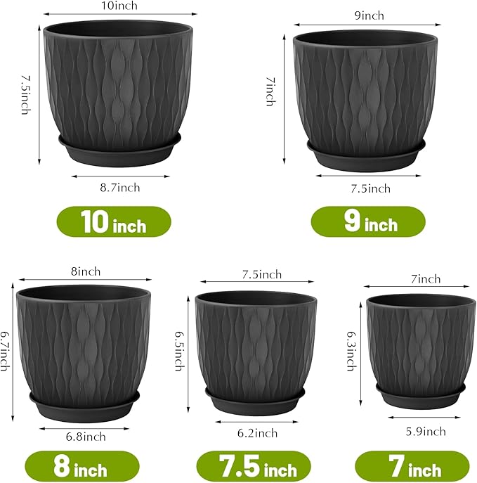 Plastic Plant Pots 10/9/8/7.5/7 inch Set of 5, Flower Planters with Drainage Holes and Saucers, Plastic Pots for Indoor Outdoor Plants, Livingroom Garden Decor (Black)