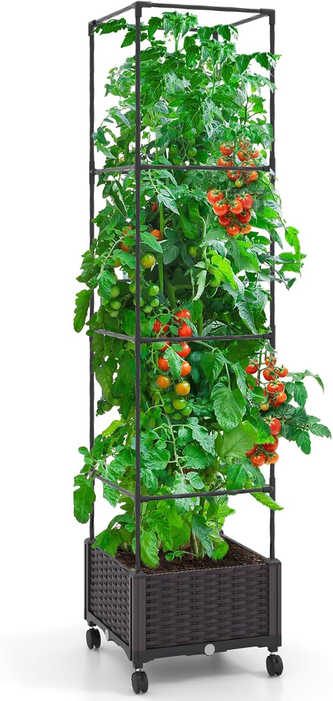 Giantex Raised Garden Bed with Tomato Cages, 67” Adjustable Height, Self Watering Planter Garden Box with Wheels, Trellis for Climbing Plants Vegetable Flower