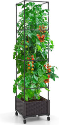 Giantex Raised Garden Bed with Tomato Cages, 67” Adjustable Height, Self Watering Planter Garden Box with Wheels, Trellis for Climbing Plants Vegetable Flower