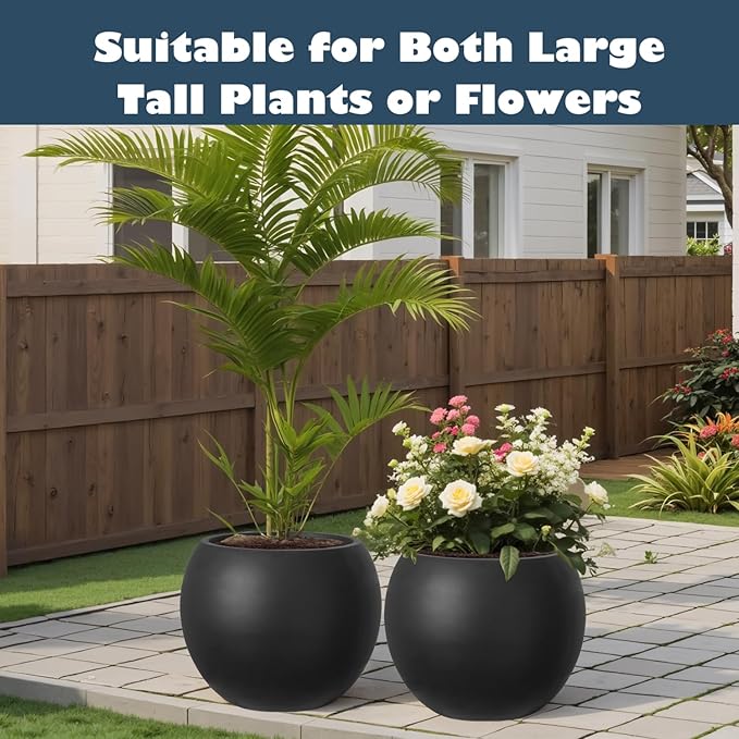 Large Round Planter with Drainage Hole, 13.7''H × 17.7''D Sphere Planter Indoor Plant Flower Pot for Outdoor Garden Patio Home, Black