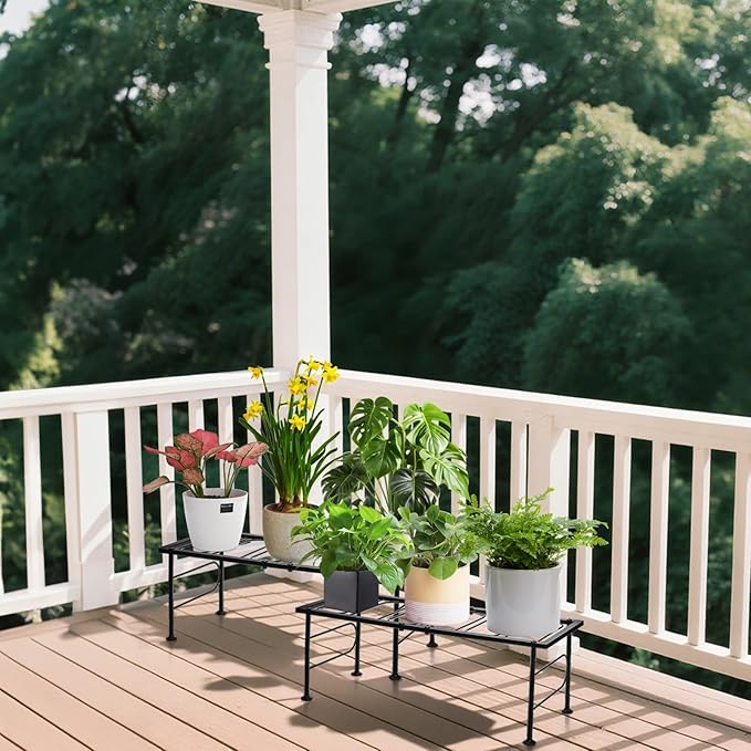 2 Pack Metal Plant Stand Indoor Outdoor, 1 Tier Heavy Duty Flower Pot Stands, Space-Saving Ladder Planter Holder, Decorative Flower Display Rack for Patio Living Room Garden Corner Balcony