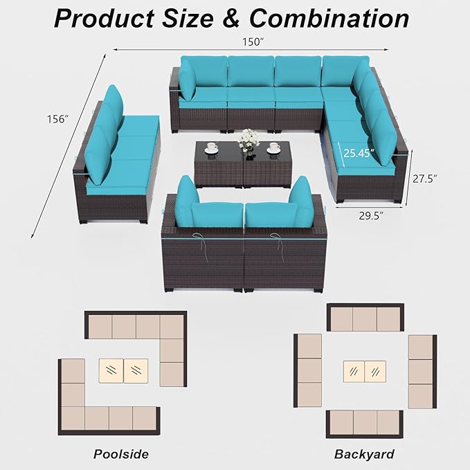 ALAULM Patio Furniture Set with Coffee Table, 14 Pieces Outdoor Sectional with Wide Seat and Thick Cushion, All Weather Wicker Rattan Conversation Set for Backyard, Garden, Deck, Turquoise