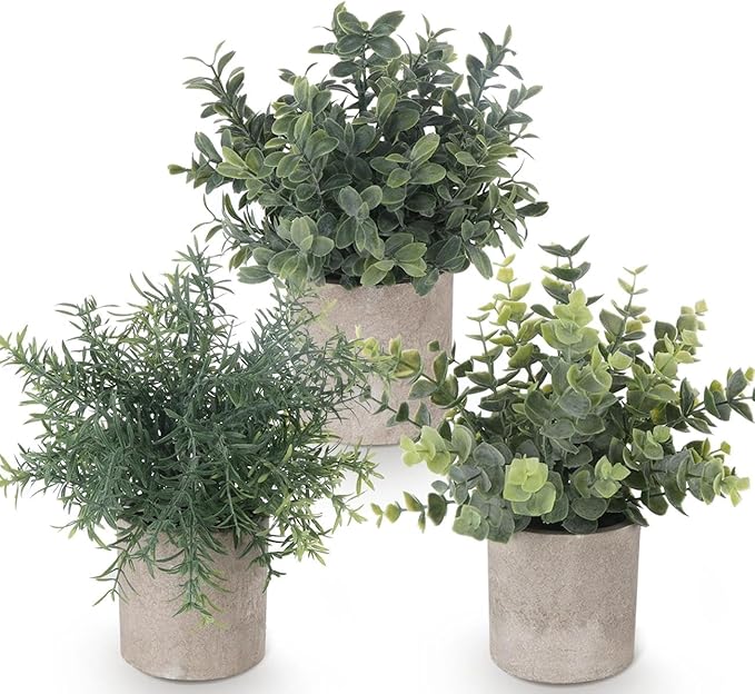 Lemonfilter Small Fake Plants, 3PCS Mini Potted Artificial Plastic Eucalyptus Plants Indoor Modern Farmhouse Decor, Fake Potted Plant for Home Bathroom Bedroom Office Shelves Decor
