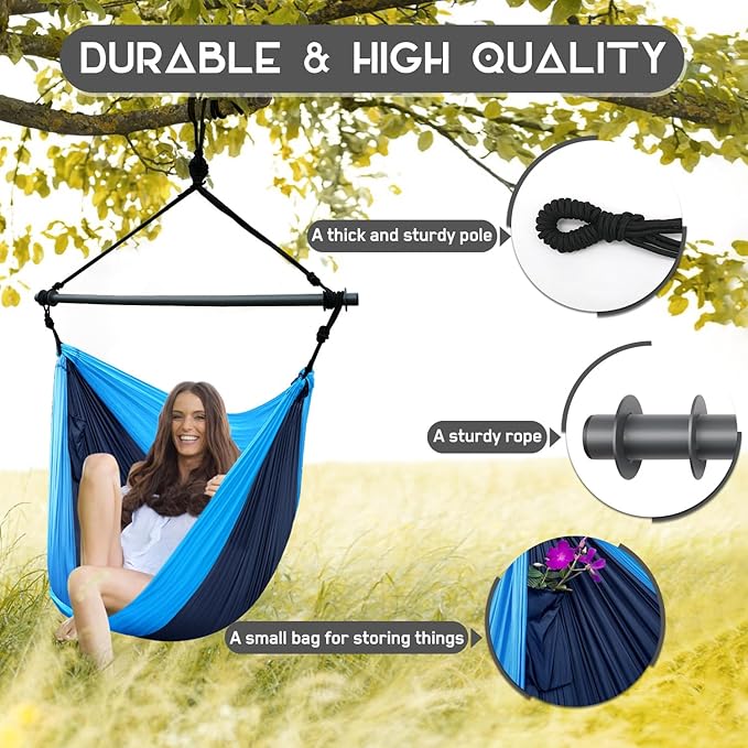 Hammock Chair, Portable Outdoor Hanging Rope Swing, Max 500 Lbs, Collapsible and Lightweight Nylon Parachute Hammocks Chair for Indoor, Backpacking, Travel, Backyard, Patio, Hiking (Navy,Blue)