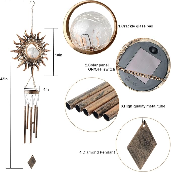 Solar Sun Light Wind Chimes for Outside for Women Gifts for Mom Grandma Wife Birthday Gift Crackle Glass Ball Windchimes Gardening Gift for Outdoor Patio Decor Yard Porch Decorations