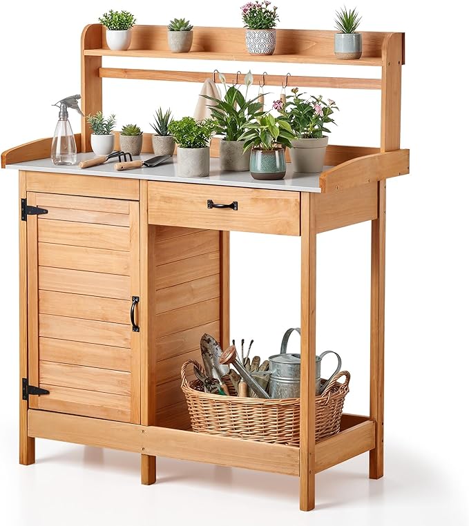 VEVOR Potting Bench Table, 3-in-1 Outdoor Gardening Wooden Workstation with 44 x 19 in Galvanized Iron Tabletop, Garden Work Station with Drawer, Storage Cabinet & Shelves, Hooks for Patio, Backyard