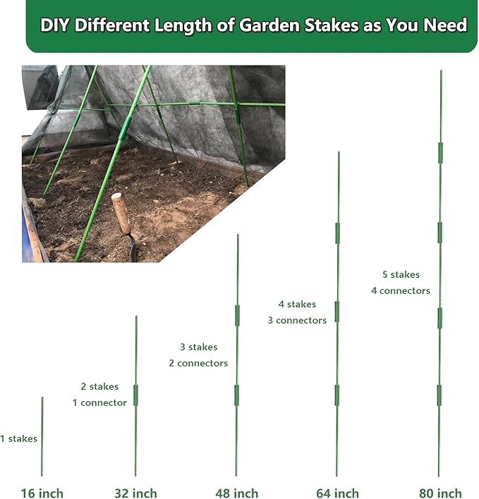 Garden Stakes Kit, 20 Sets 16 inch 0.43" in Diameter Steel Plant Stick Support (with Accessories Total 46 pcs), DIY 3ft 4ft 5ft 6ft 7ft Sturdy Tomato Stakes for Indoor & Outdoor Gardening Supplies