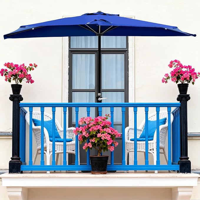 OLIXIS Half 9Ft Umbrella Outdoor Patio, Scalloped Patio Umbrella with Easy Crank, Sun Half Patio Umbrella for Balcony, Market, Garden, Blue