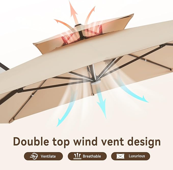 10 X 13 FT Cantilever Outdoor Patio Umbrella with Led Lights Large Heavy Duty 360° Rotation Double Top Offset Rectangular Umbrellas for Backyard Garden Pool Outside Deck, Beige