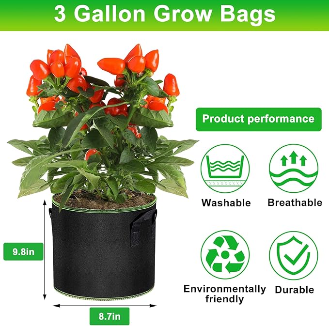 3 Gallon Grow Bags 6 Pack - Thickened Nonwoven Aeration Planter Bags with Handles, Plant Tags & Seedling Bags, Chili Vegetable Gardening Fabric Pots