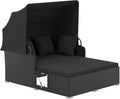 Tangkula Patio Rattan Daybed with Retractable Canopy, Outdoor Wicker Sunbed Lounger with 2 Foldable Side Tables, Thick Seat & Back Cushions, Outside Double Daybed for Garden, Backyard, Porch (Black)