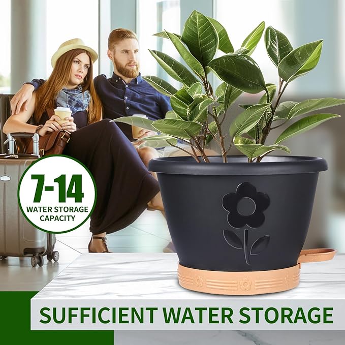 Plant Pots, Flower Pots for Indoor/Outdoor Plants, Self Watering Plastic Planters Pots with Drainage Holes, Saucer & Reservoir, Decorative Nursery Planting Pots(10 Inch Set of 4) (Black)