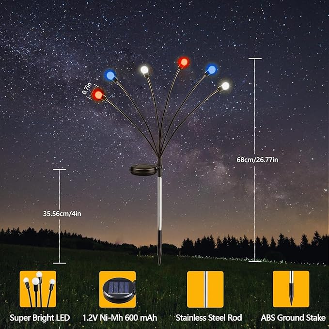 4th of July Decorations, 6 Pack Solar Firefly Lights Outdoor, 36 LED Waterproof Patriotic Decor Garden Lights with 2 Modes for Independence Day National Day Yard Path Decorations (Red White and Blue)