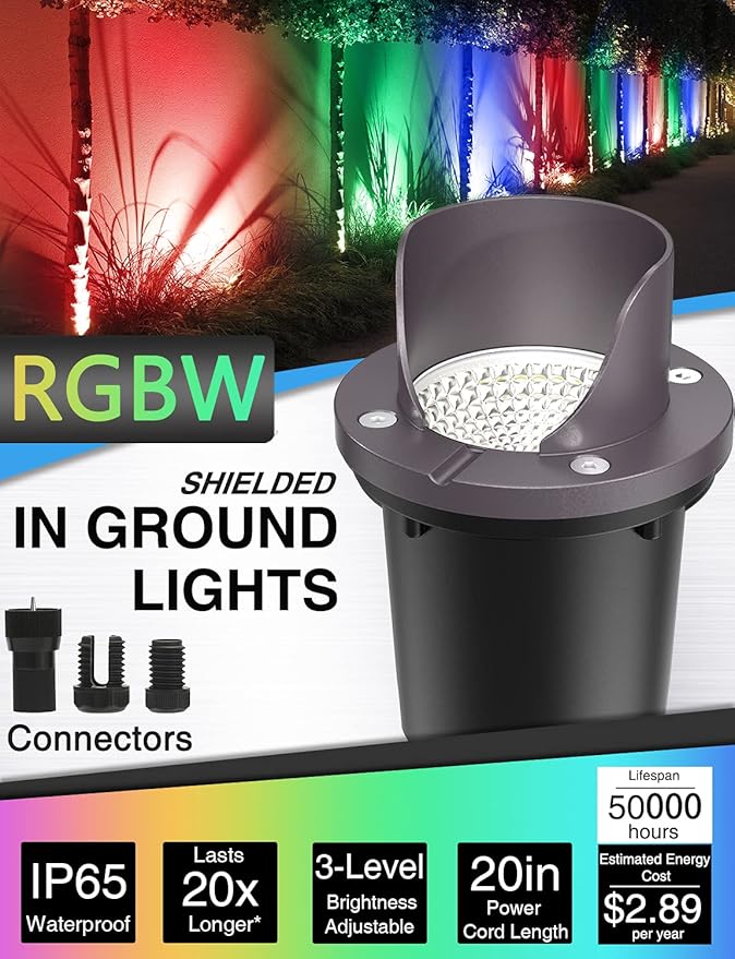 SUNVIE RGBW Low Voltage Landscape Lighting Color Changing 12W Waterproof Well Lights Landscape LED In Ground 12-24V Dimmable Paver Lights with Connectors for Pathway Garden Yard Fence Deck, 8 Pack