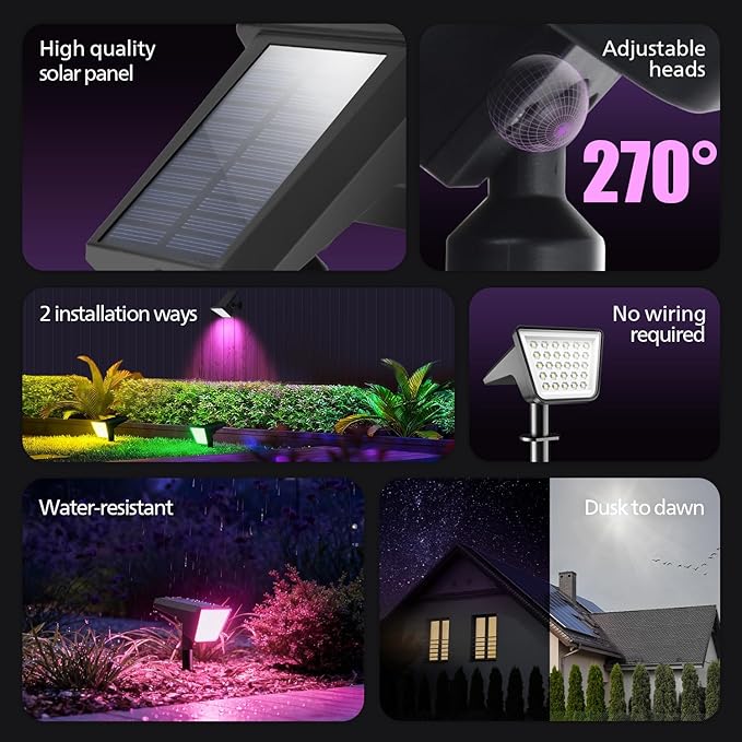 Philips 2 Packs Solar RGBW Spot Lights Outdoor, 18 LED Solar Powered Landscape Lights, 9 Lighting Modes Color-Changing Dusk to Dawn Waterproof Pathway Spotlights for Garden Trees Halloween Christmas