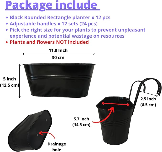 LaLaGreen Rail Planter Outdoor Plants(11.8 Inch, 12 Pack) Black Metal Iron Hanging Flower Pots Deck Railings Fence Buckets Modern Countryside Boho Style Wall Mount Window Box Plant Holder Porch Decor