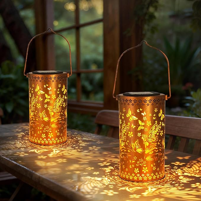 Solar Lanterns Outdoor Hanging Lantern Lights,Fairy Metal Decor Lanterns-Waterproof LED Decorative Light for Garden Patio Yard Lawn Backyard Front Porch as Gifts for Mom Grandma Women