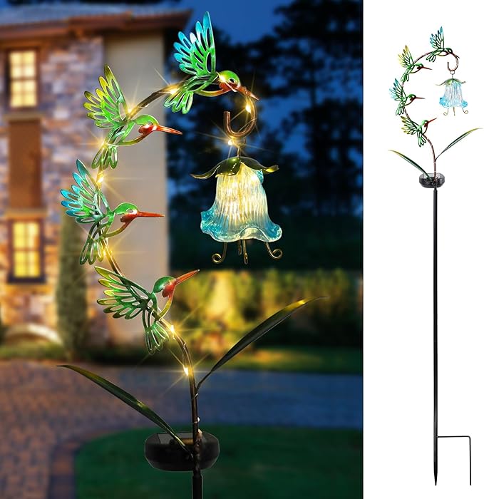Bshine Solar Hummingbird Lights Outdoor Garden Decoration, Metal Stake Waterproof Hanging Flower Solar Lights, Yard Decoration Outdoor Terrace, Path and Art Lawn Ornaments