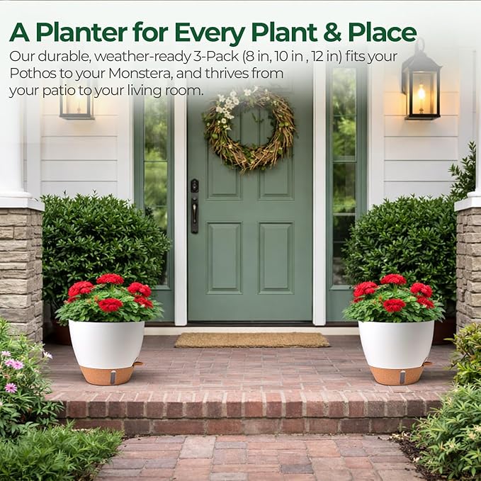 T4U 3 Pack Self Watering Pots (8"+10"+12") - Water Level Indicator & Deep Reservoir, Mess-Free Planters for Busy People, Beginners & Gardeners, Fits Pothos to Monstera, Indoor Outdoor Use (White)