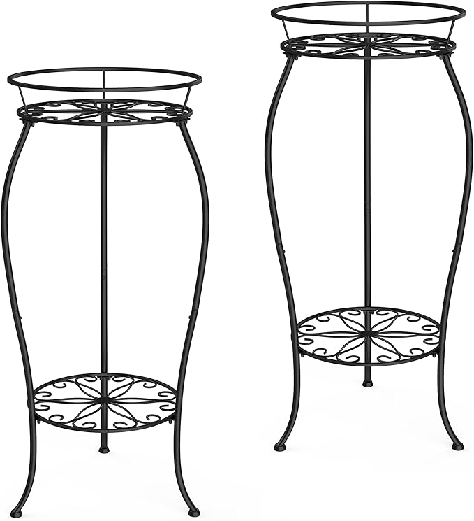 FaithLand 2 Pack Metal Plant Stands, Tall Planter Holder Indoor Outdoor, 2 Tier Round Potted Supports Rack, Corner Display Shelf Black