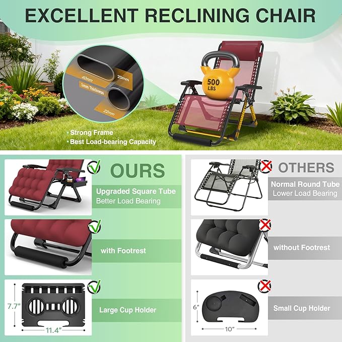 Suteck Oversized Zero Gravity Chair,33In XXL Lounge Chair w/Removable Cushion&Headrest, Reclining Camping Chair w/Upgraded Lock and Footrest, Reclining Patio Chairs Recliner for Indoor Outdoor,500LBS