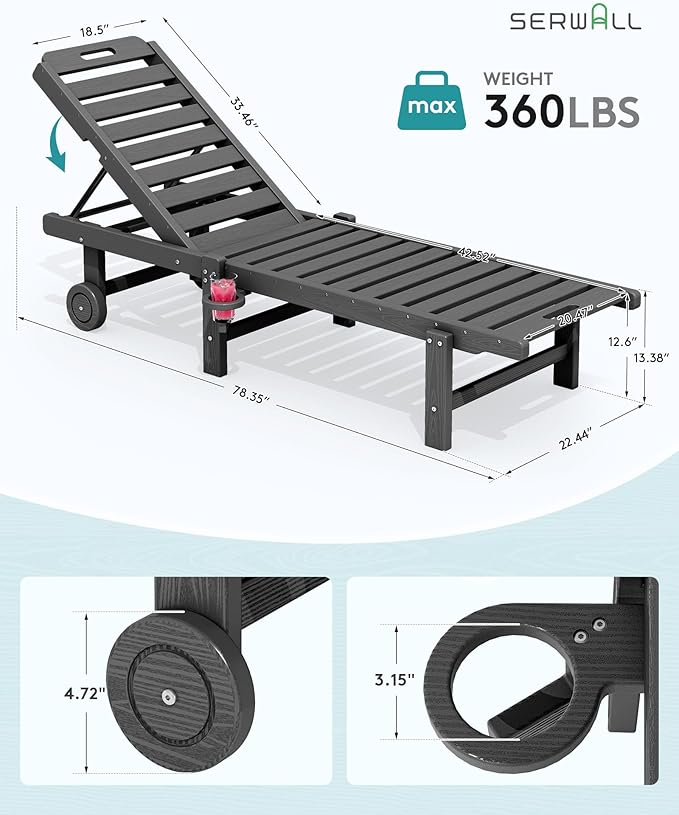 SERWALL Outdoor Chaise Lounge Set of 4, 78" Patio Lounge Chair with 5 Positions Adjustable Backrest, HDPE Lounger with Rolling Wheels & Cup Holder for Poolside, Beach, Garden, Grey