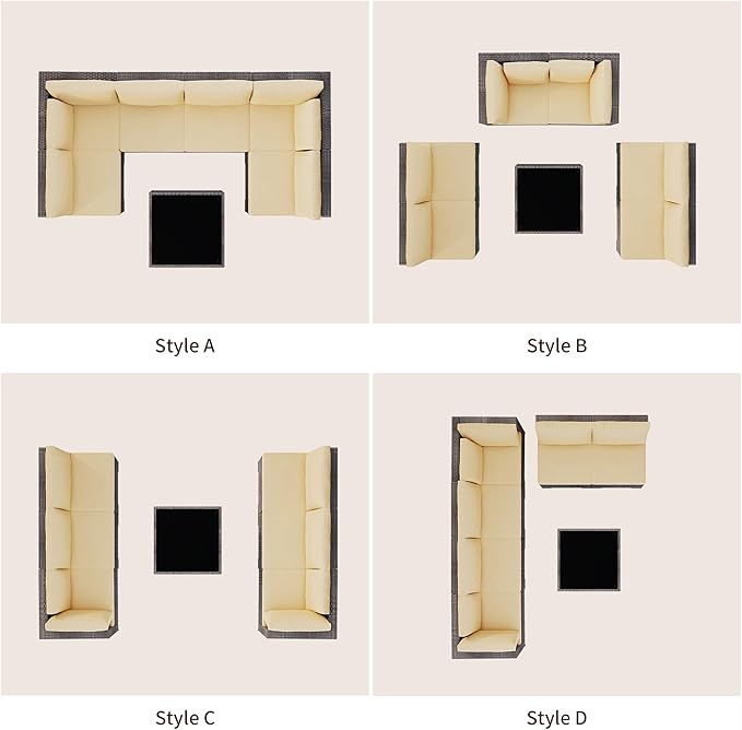 Patio Furniture Sets 7 Pieces Outdoor Sectional Rattan Sofa Manual Weaving Wicker Patio Conversation Set with Glass Table and Cushion (Beige)