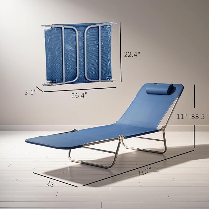 Outsunny Folding Chaise Lounge Chair, Pool Sun Tanning Chair, Outdoor Lounge Chair with Reclining Back, Breathable Mesh Seat, Headrest for Beach, Yard, Patio, Dark Blue