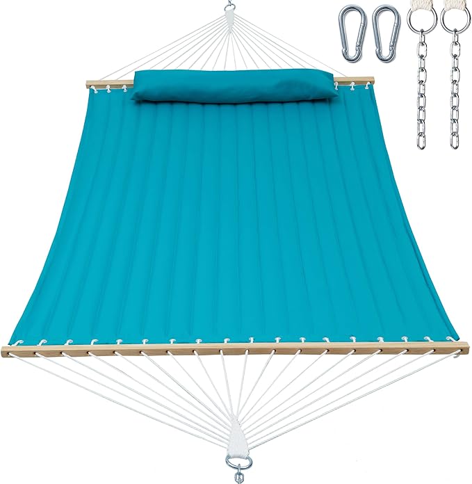2 Person 12FT Hammocks for Outside, Double Quilted Fabric Outdoor Hammock with Spreader Bar, Large Removable Pillow, Storage Pockets, Carabiners, Max 475 lbs Capacity (Canyon Creek Aqua)
